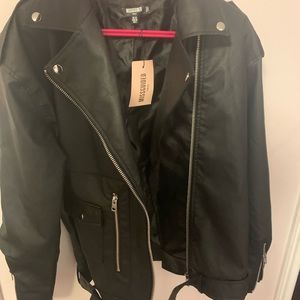 Black faux leather boyfriend biker jacket